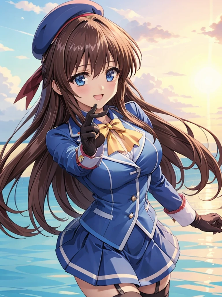 ((Please redeem, High resolution, Pixel perfect, 4K)), (Beautiful Anime Girls), Depth of written boundary, kanzaki_aoi, blue eyes, long hair, Brown Hair, BREAK, (Kantai Collection, beret, jacket, blue jacket, Long sleeve, gloves, Blue Skirt, thighhighs, Garter Straps), smile、Open your mouth、 On the Sea、 Dynamic pose,