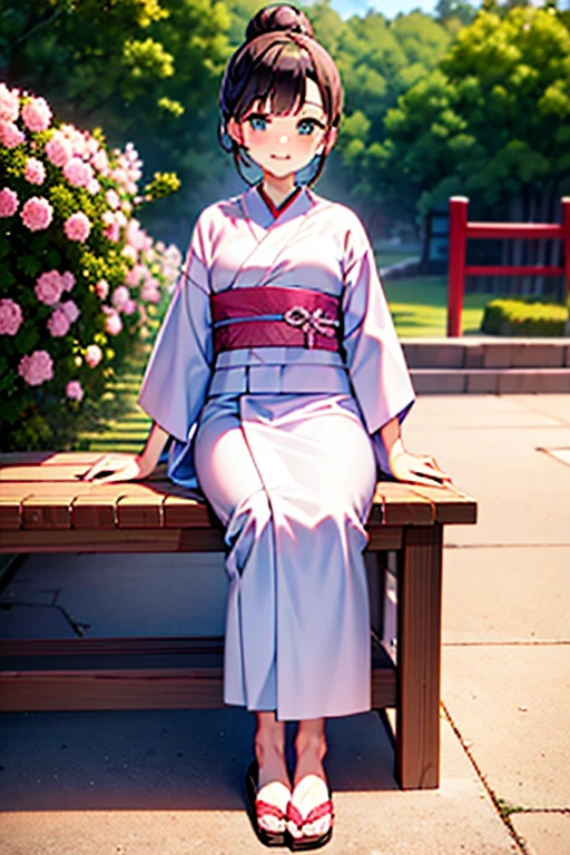 girl, Pink yukata with white petal details, máscara Kitsuné, Brown hair styled in a Japanese bun, Japanese wooden flip flops