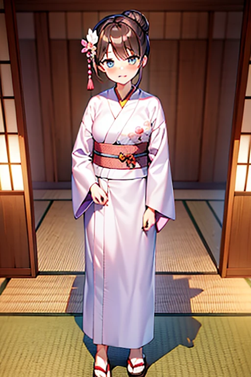 girl, Pink yukata with white petal details, máscara Kitsuné, Brown hair styled in a Japanese bun, Japanese wooden flip flops