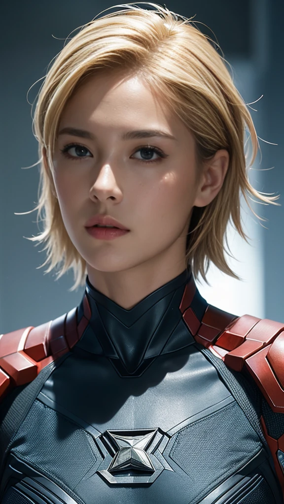 woman、Muscular、solo, Look at, High resolution, masterpiece, Anatomically correct, Winner of numerous awards, detail, Ultra high definition, Textured skin, Blonde Short Hair、Tight eyes、Narrow eyes、Intimidating、marvel、Marvel Superheroes、A grand atmosphere、