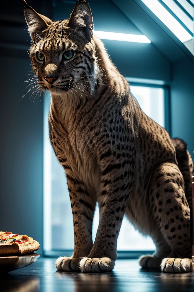 a close-up portrait of a big cat, futuristic sci-fi environment, the lynx is eating a pizza and drinking coca-cola, cinematic composition, vibrant colors, hyper-detailed, photorealistic, 8k, masterpiece, detailed fur, intense eyes, sharp teeth, detailed facial features, intricate patterns, dramatic lighting, complex background, advanced technology, neon lights, sleek metallic surfaces, dynamic pose, depth of field, cinematic framing, vivid textures, glossy reflections, volumetric lighting, dramatic shadows