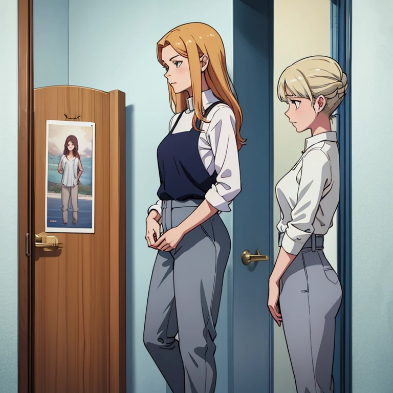 、(masterpiece、Highest quality)、Highest quality, Ultra-high resolution, (((masterpiece))), alone, Sweat、Big eyes,office、Tight white dress shirt、Tight black suit、Tight black pants、indoor、Composition from the front、（Cut the back hair short、short hair、blonde、woman）、Shortcuts、Embarrassed face、Cut your hair short、可愛いwomanの子、Big Breasts