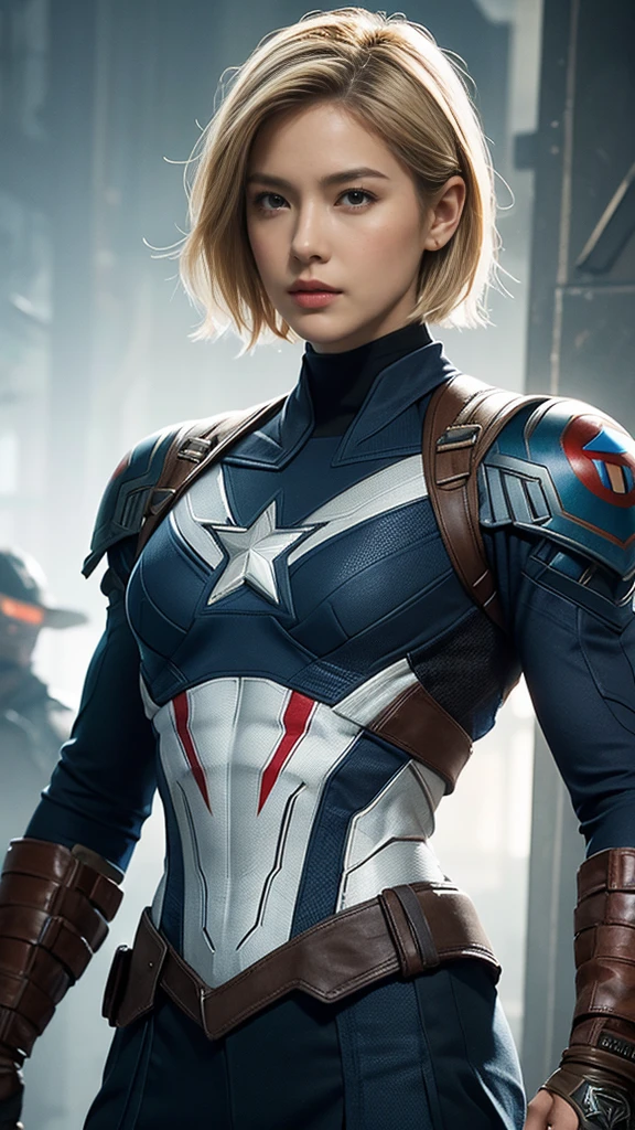 woman、Muscular、Tribal battle clothing、solo, Look at, High resolution, masterpiece, Anatomically correct, Winner of numerous awards, detail, Ultra high definition, Textured skin, Blonde Short Hair、Tight eyes、Narrow eyes、Intimidating、Captain America、Hero Suit、A grand atmosphere、