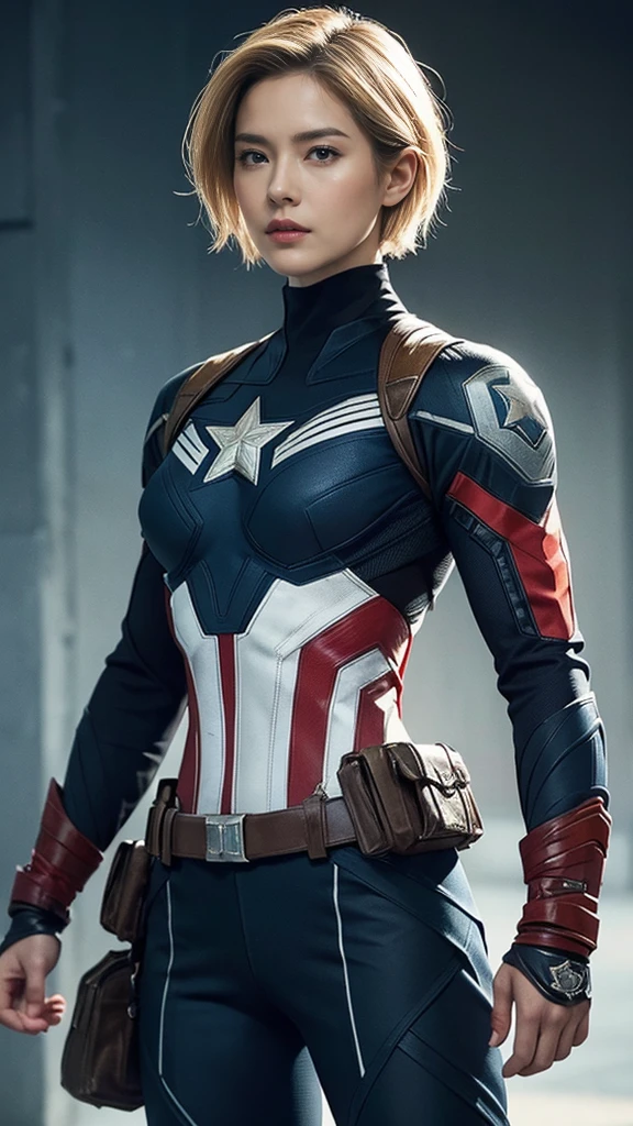 woman、Muscular、Tribal battle clothing、solo, Look at, High resolution, masterpiece, Anatomically correct, Winner of numerous awards, detail, Ultra high definition, Textured skin, Blonde Short Hair、Tight eyes、Narrow eyes、Intimidating、Captain America、Hero Suit、A grand atmosphere、