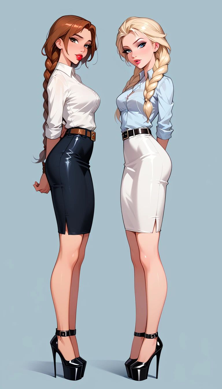 score_9, score_8_up, score_7_up, 2girls, duo, (Anna, brown hair, braided pigtails, wearing tight pencil skirt, belt, blouse, spectacles, platform heels:1.3) and (Elsa, blonde, braid, wearing tight pencil skirt, belt, blouse, spectacles, platform heels:1.2), flirt, gaze, sexy look, half-closed eyes, head tilt, filled lips, thick lips, makeup, side view, (full bodies in view) expressiveh d4rk01l, perfect hands, perfect proportions, simple background. shibari, bound arms, arms behind back, bound ankles, ankles tied together, kneels, on both knees, ballgag