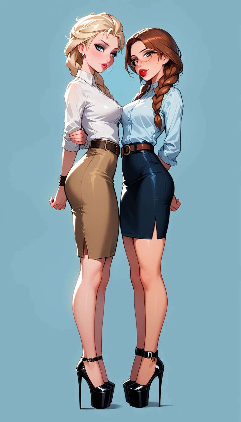 score_9, score_8_up, score_7_up, 2girls, duo, (Anna, brown hair, braided pigtails, wearing tight pencil skirt, belt, blouse, spectacles, platform heels:1.3) and (Elsa, blonde, braid, wearing tight pencil skirt, belt, blouse, spectacles, platform heels:1.2), flirt, gaze, sexy look, half-closed eyes, head tilt, filled lips, thick lips, makeup, side view, (full bodies in view) expressiveh d4rk01l, perfect hands, perfect proportions, simple background. shibari, bound arms, arms behind back, bound ankles, ankles tied together, kneels, on both knees, ballgag