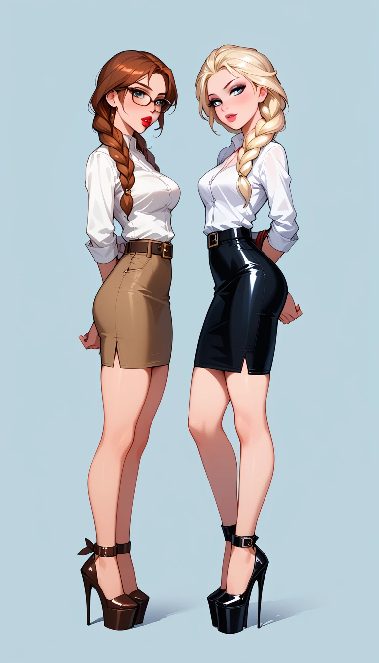 score_9, score_8_up, score_7_up, 2girls, duo, (Anna, brown hair, braided pigtails, wearing tight pencil skirt, belt, blouse, spectacles, platform heels:1.3) and (Elsa, blonde, braid, wearing tight pencil skirt, belt, blouse, spectacles, platform heels:1.2), flirt, gaze, sexy look, half-closed eyes, head tilt, filled lips, thick lips, makeup, side view, (full bodies in view) expressiveh d4rk01l, perfect hands, perfect proportions, simple background. shibari, bound arms, arms behind back, bound ankles, ankles tied together, kneels, on both knees, ballgag