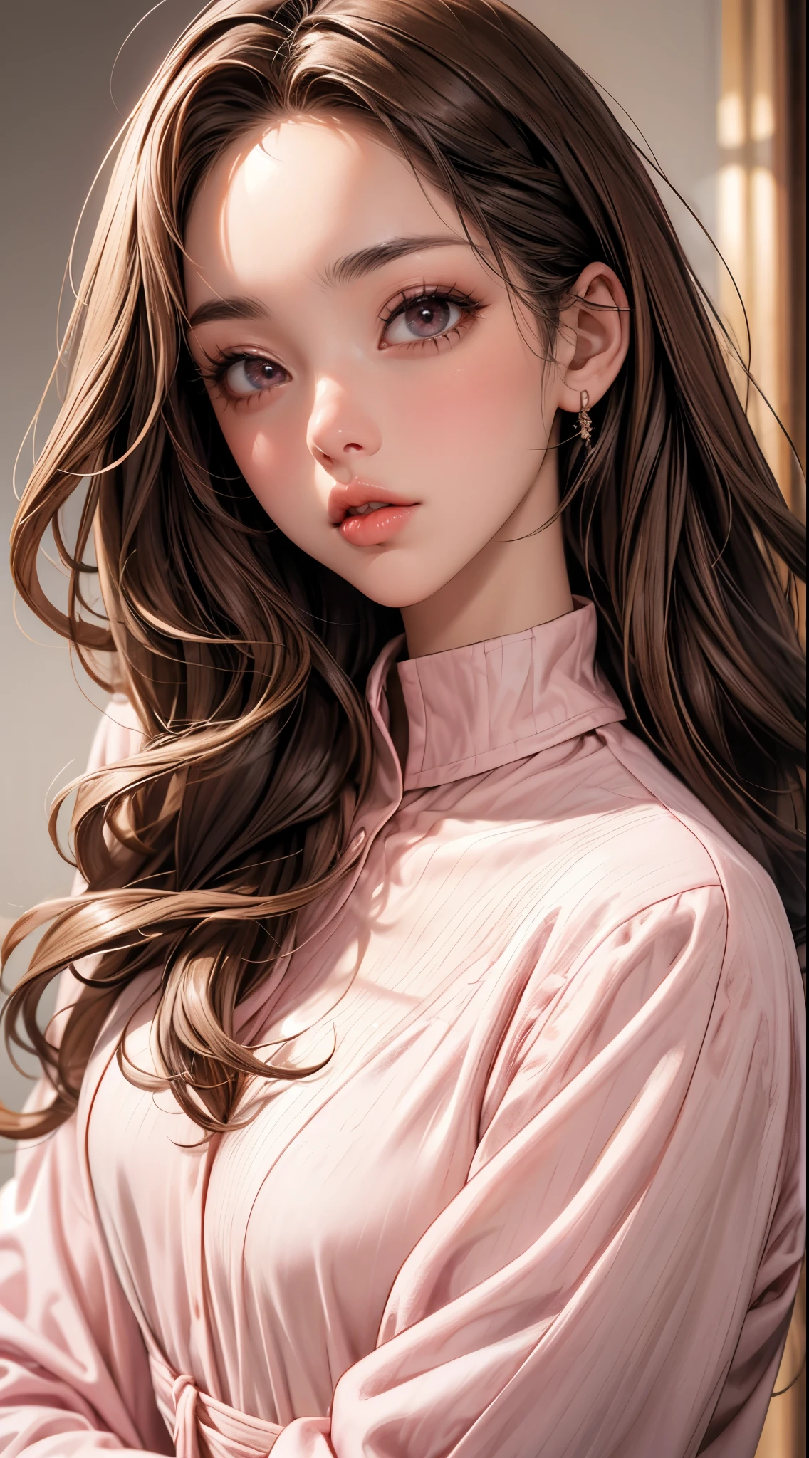 Girl, long straight brown hair, light brown eyes, sharp features, white skin, pink lips, lip gloss, beautiful, sweater