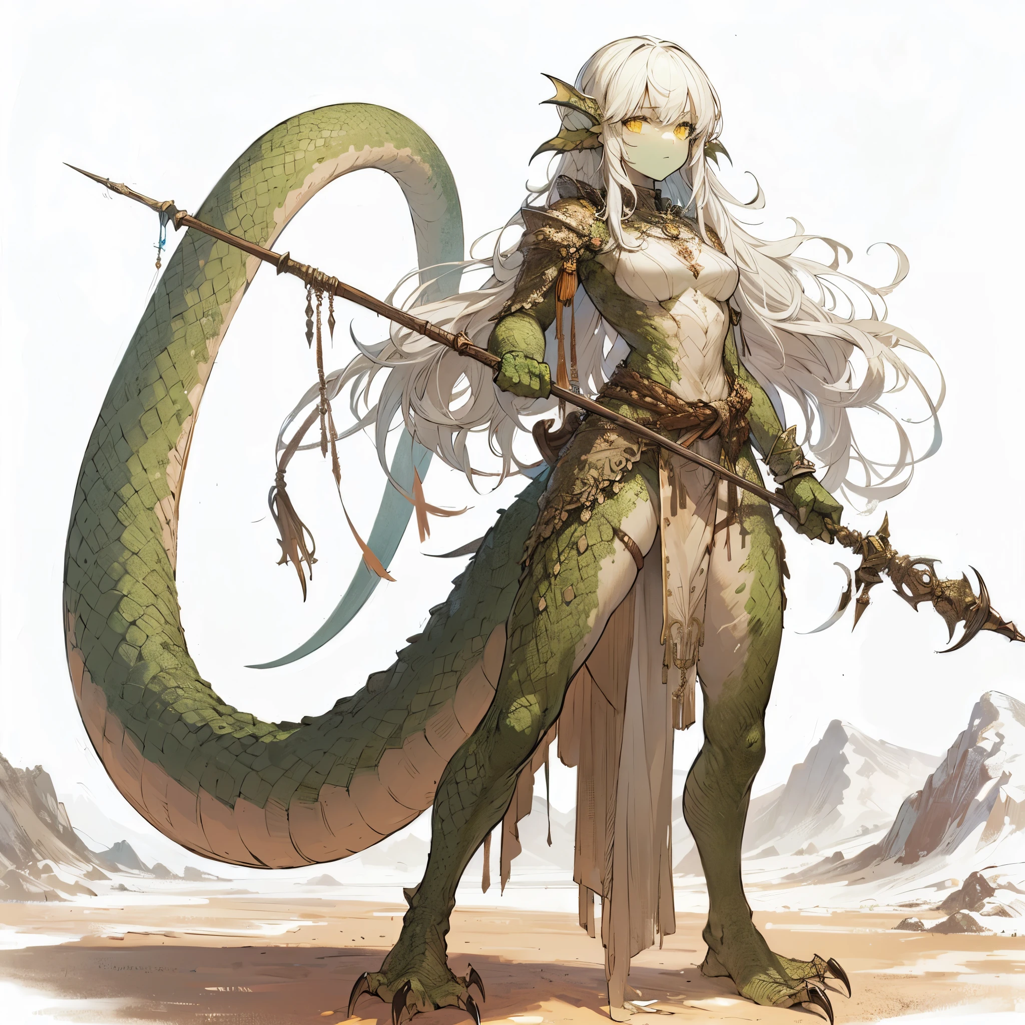 (masterpiece, Best Quality), (detailed hairs), Ultra-detailed, Anime like illustration style, Full body, Solo, fantasy species, Lizardfolk druid girl, white single braid hair style and pale green skin, yellow eyes, thick long tail. held curved sword and ork rod, hermit dressed, very massive, muscular, standing in wasteland. white background, whole body, standing full length,
