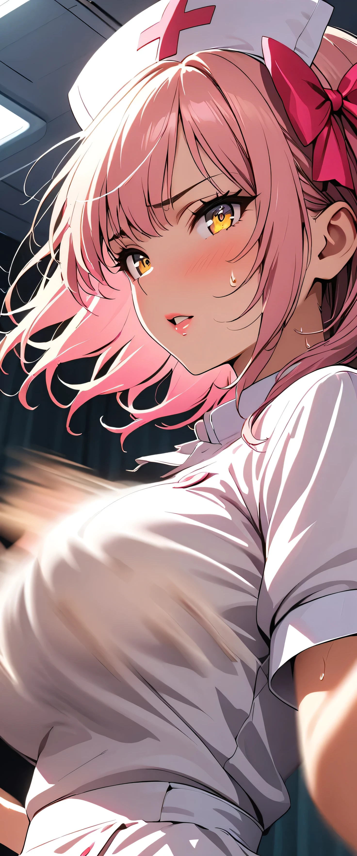 (beautiful girl: 1.3),One girl,masterpiece,Please redeem,Ultra-high resolution,Rich contrast,Very high quality,8k,Highly detailed CG unit wallpaper,Texture,So ridiculous,RAW Photos,Please redeem anime,Depth of written boundary 1.2,ultra-detailed eyes,Glowing Skin,Glitter Effect,Beautiful glossy lips,(pink hair, yellow eyes),Nurse uniform,Nurse working in hospital,(syringe),white Nurse uniform,Large Breasts,hair bow,(syringeを上に上げる),(Motion Blur:2.0),sweat,sweatdrop,eye roll