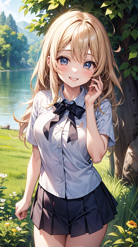 (masterpiece:1.2, top-quality), (realistic, photorealistic:1.4), beautiful illustration, (natural side lighting, movie lighting), ,
beautiful hair, beautiful face, beautiful detailed eyes, beautiful clavicle, beautiful body, beautiful chest, big breasts, enhance breasts, beautiful thigh, beautiful legs, beautiful hands,
looking at viewer, full body, front view, 1 girl, 16years old, japanese, perfect face, perfect anatomy:1.3, cute and symmetrical face, shiny skin, cleavage, hold breasts, breast squeeze,
(middle hair:1.8, wavy hair, (blond hair)), asymmetrical bangs, dark green eyes, long eye lasher, (large breasts:1.6, thin waist, thick thighs),
((School uniform, short sleeve white collared shirt, pleats mini skirt, )), grin face, naughty face,
(beautiful scenery), morning, (village, trees), standing, (seductive smile), arms up