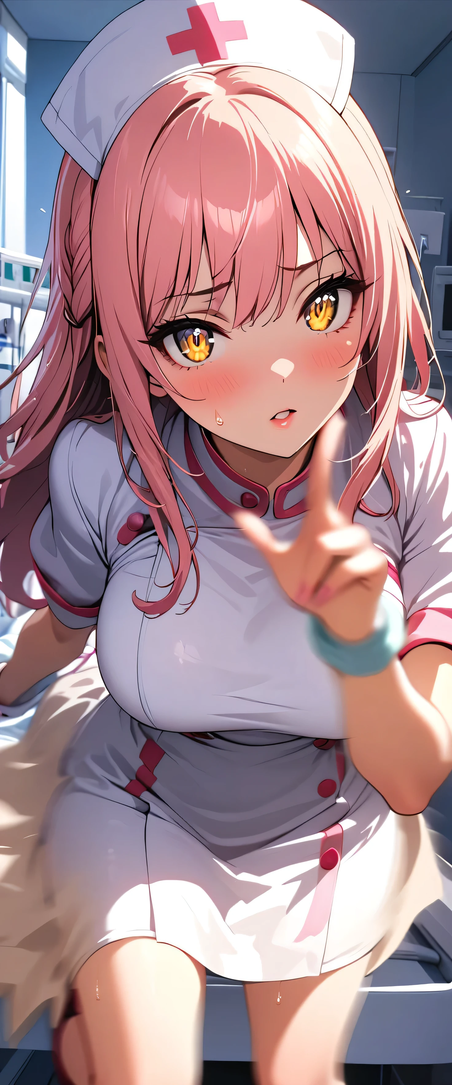 (beautiful girl: 1.3),One girl,masterpiece,Please redeem,Ultra-high resolution,Rich contrast,Very high quality,8k,Highly detailed CG unit wallpaper,Texture,So ridiculous,RAW Photos,Please redeem anime,Depth of written boundary 1.2,ultra-detailed eyes,Glowing Skin,Glitter Effect,Beautiful glossy lips,(pink hair, yellow eyes),Nurse uniform,Nurse working in hospital,(syringe),white Nurse uniform,Large Breasts,hair bow,(syringeを上に上げる),(Motion Blur:2.0),sweat,sweatdrop,eye roll