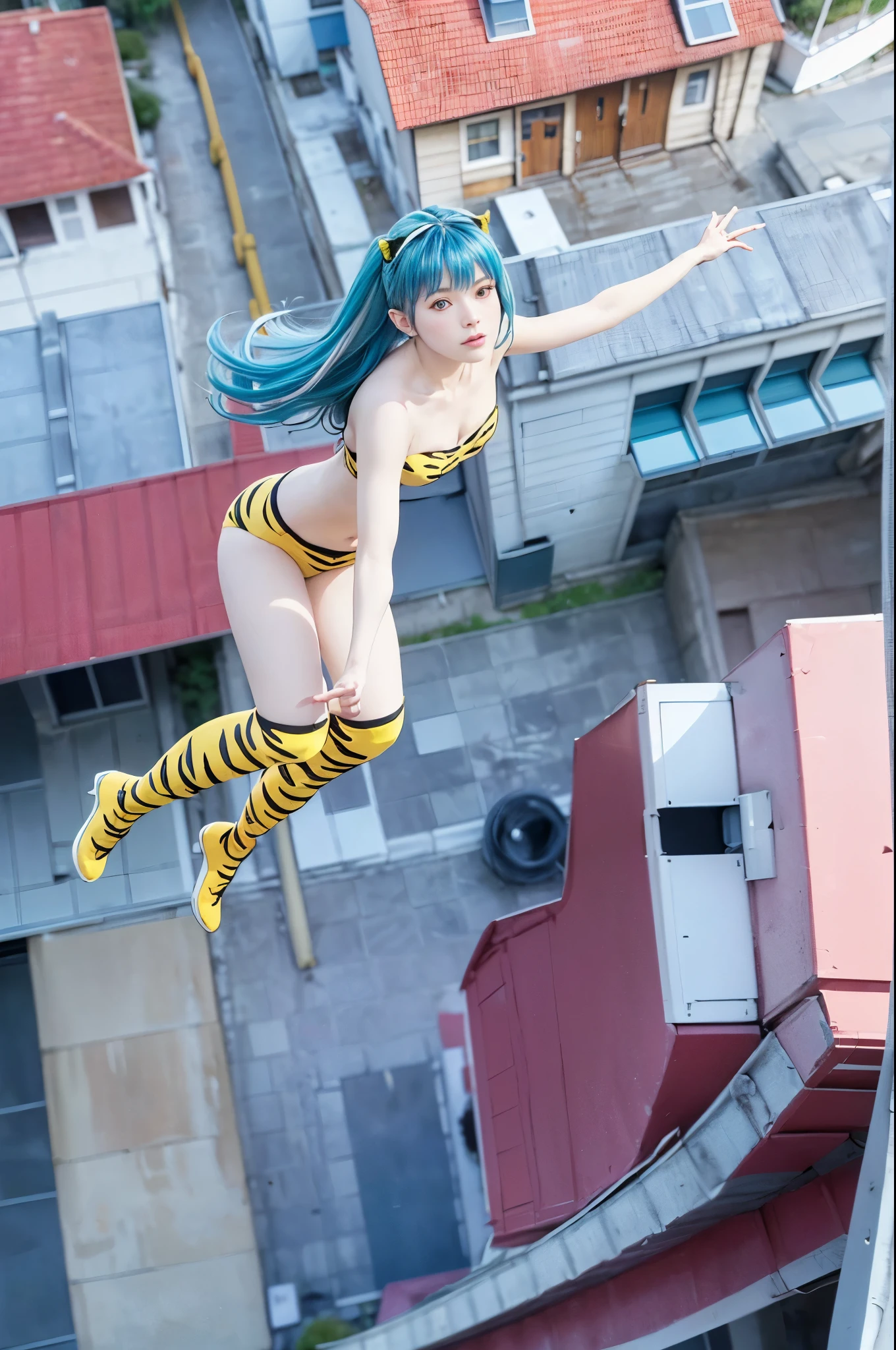 (Best Quality, masterpiece:1.2), (Realistic, photo-Realistic:1.4), RAW Photos, High resolution, Intricate details, Very detailed, Cinema Lighting, Alone, One girl, woman, (Flying in the air:1.8), uruseiyatsuraRam, Ram, (Long Hair, Blue Hair, Aqua Hair, bangs:1.2), (blue eyes), Eyeshadow, Pointy Ears, Oni Horns, (Small breasts:1.2),
Clevis, Swimwear, Strapless Bikini, (Tiger pattern, Yellow Bikini, Yellow Boots, Long boots:1.3),  (Beautiful attention to detail, Very detailed face), (Perfect hands, Perfect Anatomy),,, Photo Background, Outdoor, Daytime, sunny, (Residential area seen from above:1.4), 