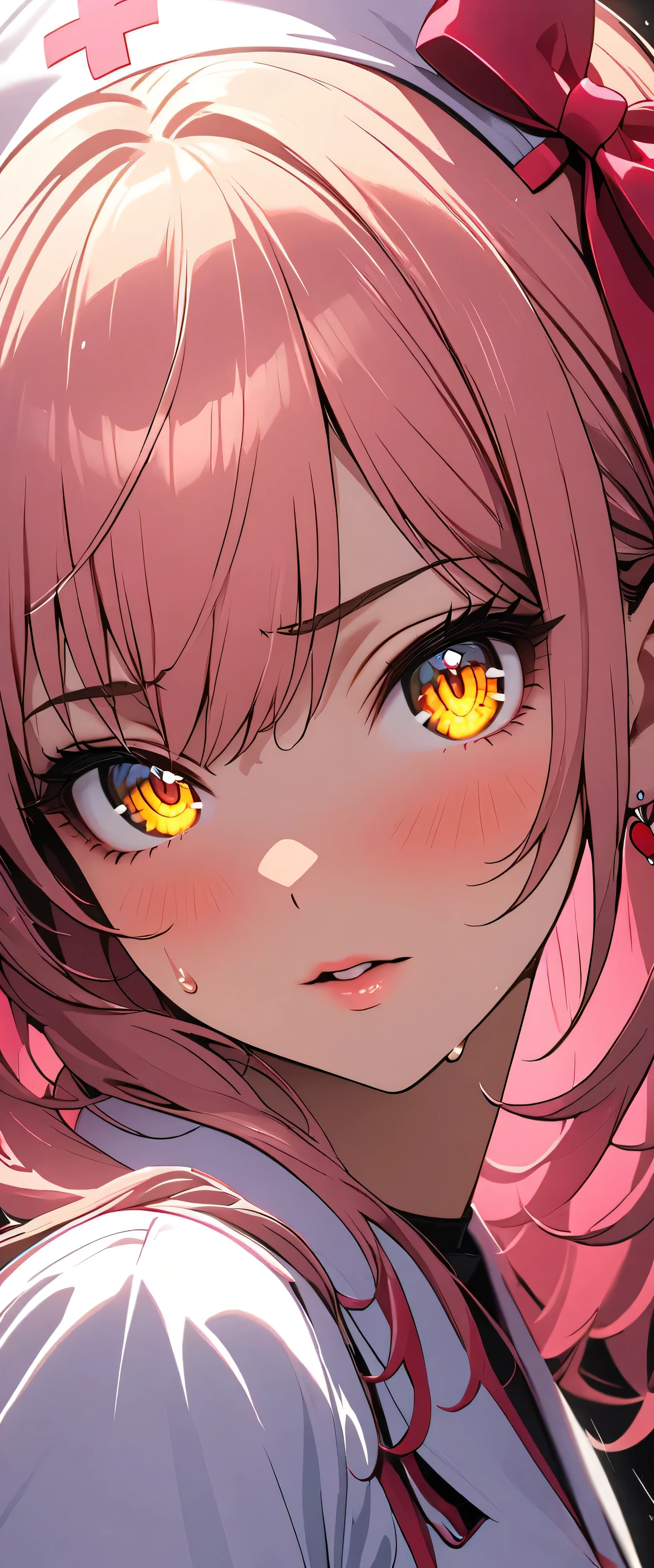 (beautiful girl: 1.3),One girl,masterpiece,Please redeem,Ultra-high resolution,Rich contrast,Very high quality,8k,Highly detailed CG unit wallpaper,Texture,So ridiculous,RAW Photos,Please redeem anime,Depth of written boundary 1.2,ultra-detailed eyes,Glowing Skin,Glitter Effect,Beautiful glossy lips,(pink hair, yellow eyes),Nurse uniform,Nurse working in hospital,(syringe),white Nurse uniform,Large Breasts,hair bow,(syringeを上に上げる),(Motion Blur:2.0),sweat,sweatdrop,eye roll,weak,nervous,Puzzled,(My eyes are spinning)