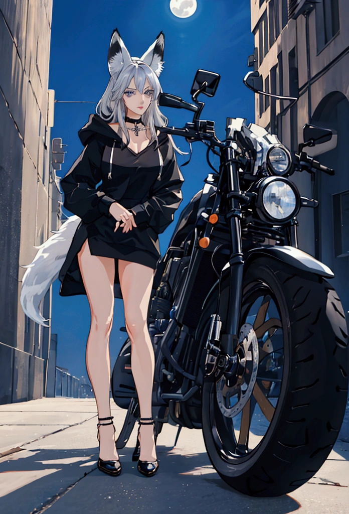 masterpiece, best quality,  HD,  focus,  Night , Full moon, background big city,   parking, laden 24h , black motorcycle sport,  Fox girl, with fox ear and tail,  silver-blue very very long,  tight-fitting body white,  blue-grey eyes ,Cross ,necklace,  overknee black sheer,  hoodie black opened, high-heeled shoes,  caresses the motorcycle, sensual look to observe,  