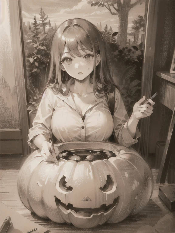 ((masterpiece, highest quality, very detailed: 1.5), black and white, ((sepia)), ((Pencil drawing)),、Big pumpkin face,No pumpkin in the body、I don&#39;t need a pumpkin on my hip、Sitting on a big pumpkin、((Pumpkin head))