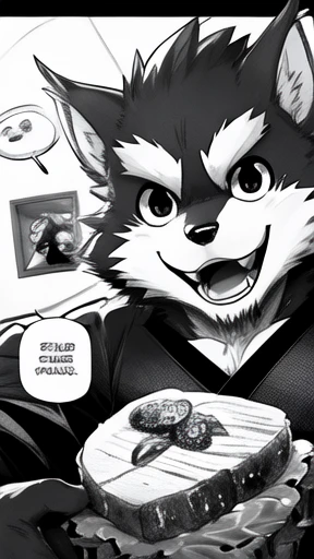 Black and white comics、Japanese Manga、(((Monochrome)))、 Conversation scene、Funny werewolf in a long-sleeved black shirt、Right in front of you、A delicious looking cartoon of meat appears、Happy Face、smile、cute、that&#39;Fun conversation about meat.