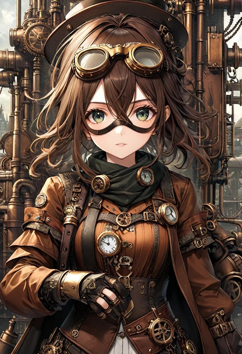 {(girl, {(Steampunk Goggles:1.5)}, {Steampunk themed scarf}, Rusty, {{{A pair of robotic arms with intricate steampunk-style details}}}, Light Armor, Messy Hair:1.5)}, ((Dystopian Steampunk Background:1.5)), (masterpiece:1.5), (Best Quality:1), {(Best Quality + Super detailed:1.5)}, (Super detailed face, Super detailed eyes, Detailed mouth, Detailed body, Detailed hands, Detailed clothing, Detailed Background, Detailed landscape:1.5), (Midea + beautiful + Harmonious:1.5), (Symmetrical and intricate steampunk details + Sharpening symmetrical steampunk details)