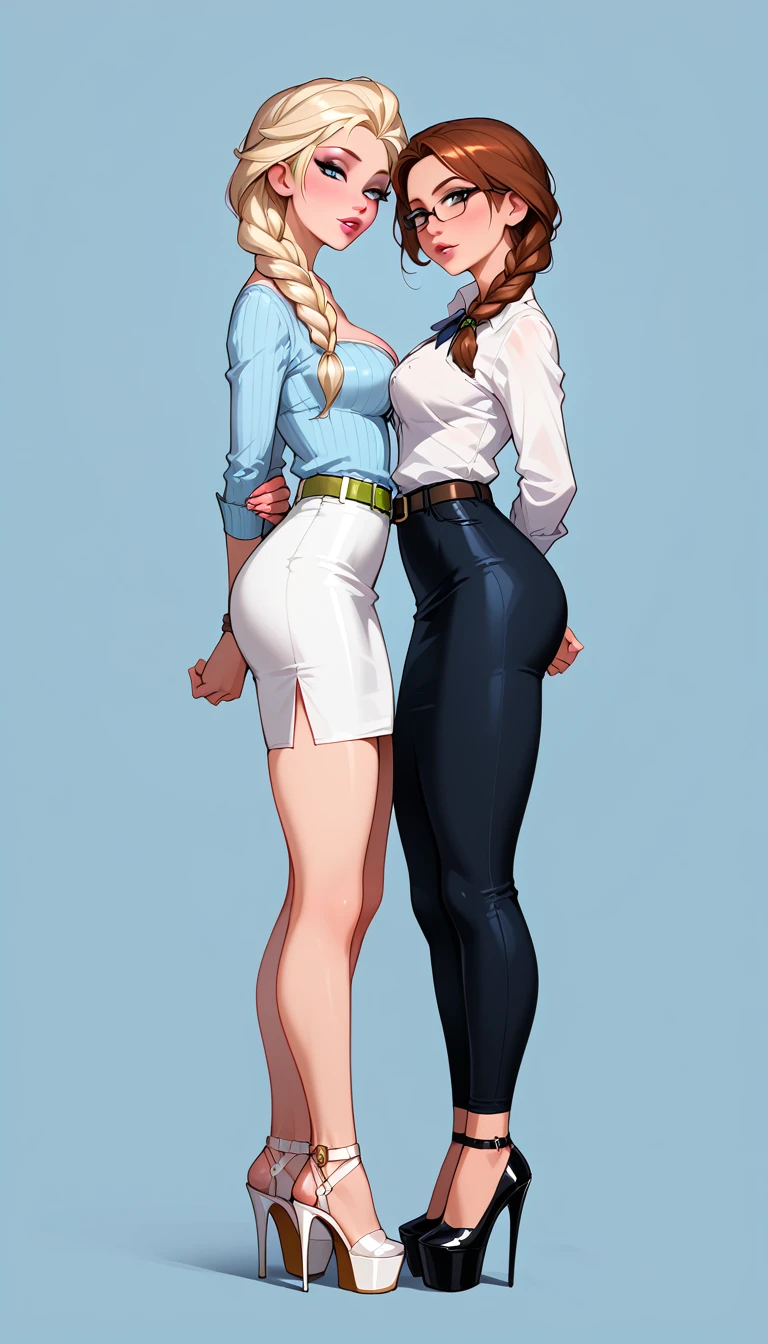 score_9, score_8_up, score_7_up, 2girls, duo, (Anna, brown hair, braided pigtails, wearing tight pencil skirt, belt, blouse, spectacles, platform heels:1.3) and (Elsa, blonde, braid, wearing tight pencil skirt, belt, blouse, spectacles, platform heels:1.2), flirt, gaze, sexy look, half-closed eyes, head tilt, filled lips, thick lips, makeup, side view, (full bodies in view) expressiveh d4rk01l, perfect hands, perfect proportions, simple background. shibari, bound arms, arms behind back, bound ankles, ankles tied together, kneels, on both knees, kneeling, kneeling down, bound ankles