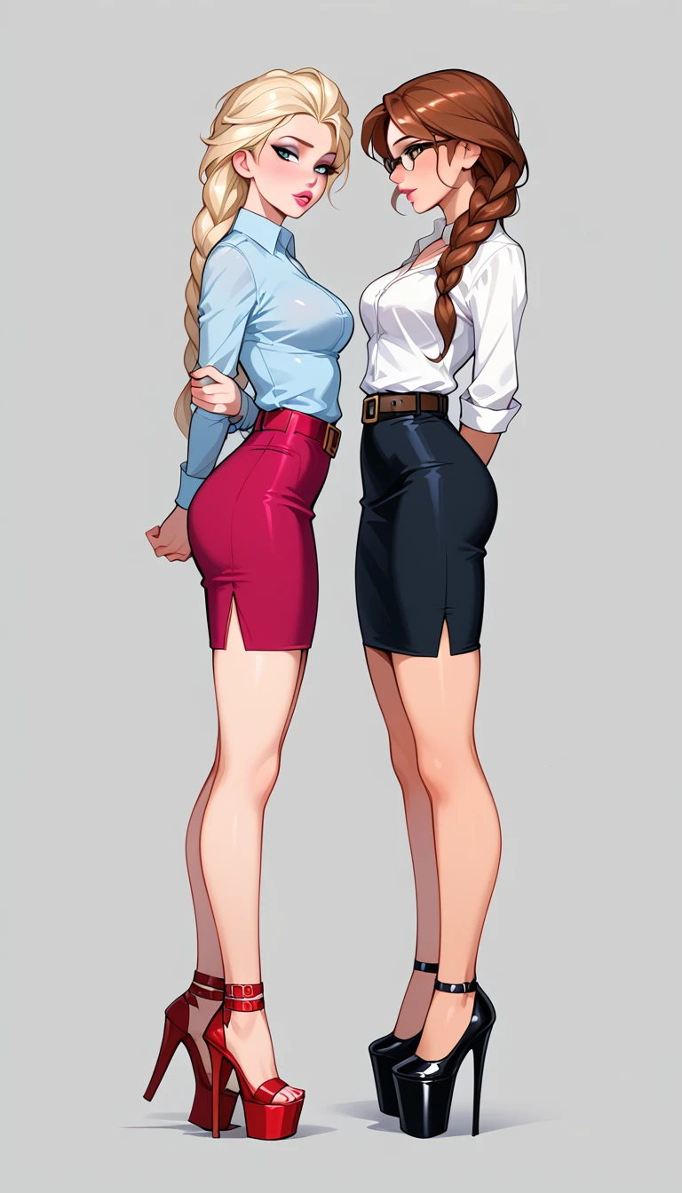 score_9, score_8_up, score_7_up, 2girls, duo, (Anna, brown hair, braided pigtails, wearing tight pencil skirt, belt, blouse, spectacles, platform heels:1.3) and (Elsa, blonde, braid, wearing tight pencil skirt, belt, blouse, spectacles, platform heels:1.2), flirt, gaze, sexy look, half-closed eyes, head tilt, filled lips, thick lips, makeup, side view, (full bodies in view) expressiveh d4rk01l, perfect hands, perfect proportions, simple background. shibari, bound arms, arms behind back, bound ankles, ankles tied together, kneels, on both knees, kneeling, kneeling down, bound ankles