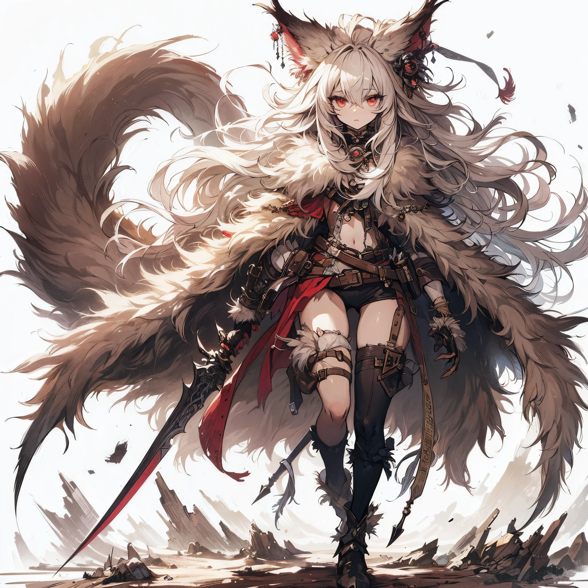 A woman with long hair and a sword standing in front of a white ...