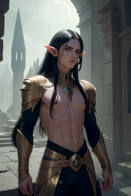 Enhances the quality and resolution of the portrait of a magical man plant elf with black hair and yellow eyes in a futuristic style European features pale skin wide nose muscular bulge