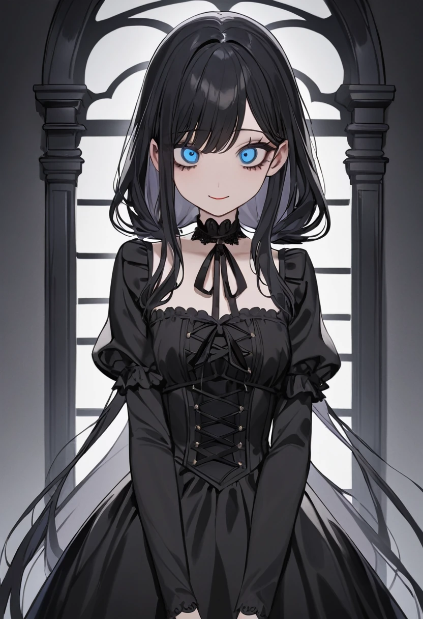 masterpiece, best quality, upper body, (score_9, score_8_up, score_7_up), 1girl, solo, black hair, long hair, parted bangs, dark blue eyes, innexpressive, pale skin, small breasts, standing, upper body, victorian fashion, black dress, frilled dress, short sleeves, white background, best quality