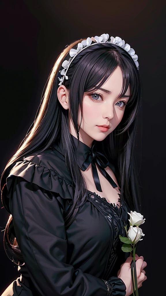 ((masterpiece, Best quality)),best aesthetic,1 Girl, Solitary, Long hair, Black dress, flower, ribbon, Black background, Black hair, Rose, Headdress, Green eyes, Long sleeve, white Rose, Shut up, Black Ribbon, Upper body, Movie Lighting