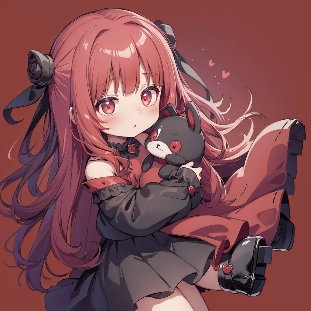 Attractive face、Chibi、Red background、Black clothes、Long sleeves with flared cuffs、Shoulders are exposed、One piece flare skirt、Rabbit with stuffed toy、Black and red palette、Gothic Shoes、Positive、Black Rose、🌙、Perfect Anatomy、heart、