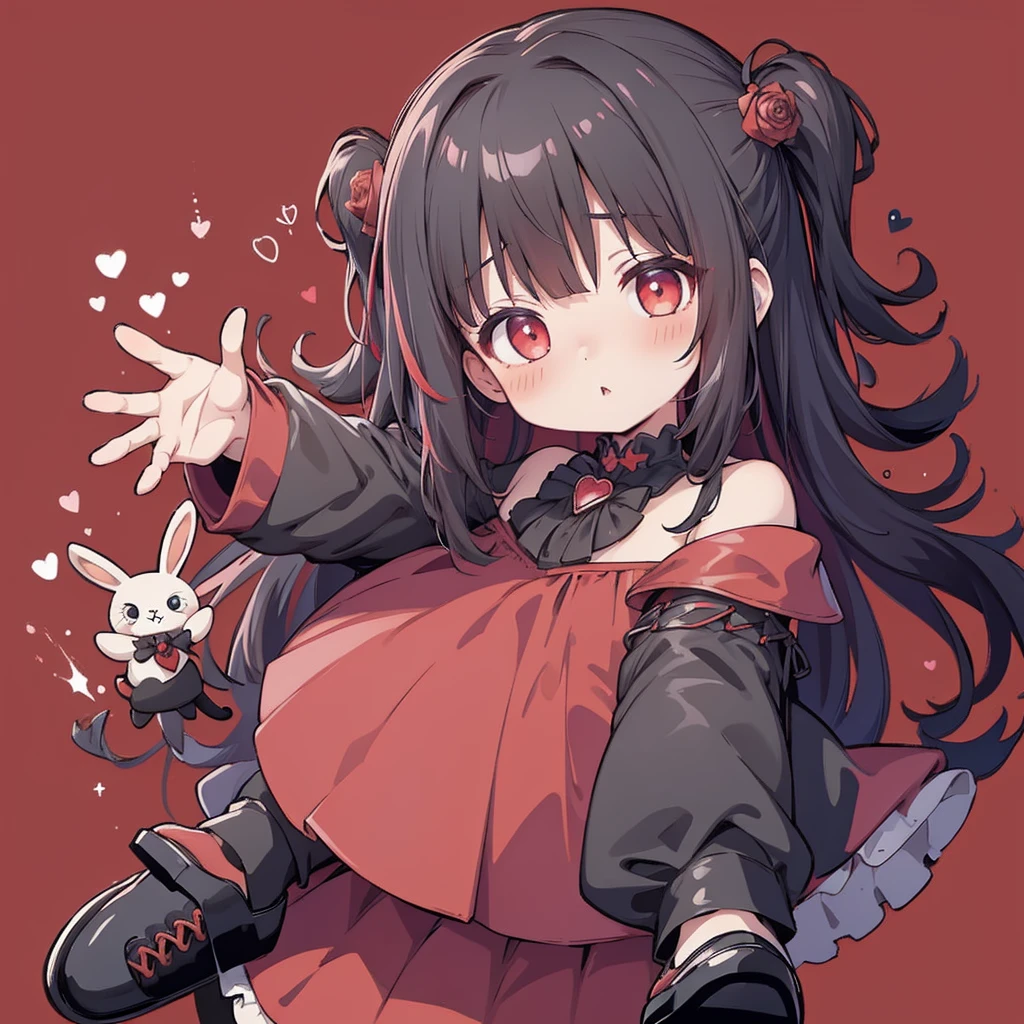 Attractive face、Chibi、Red background、Black clothes、Long sleeves with flared cuffs、Shoulders are exposed、One piece flare skirt、Rabbit with stuffed toy、Black and red palette、Gothic Shoes、Positive、Black Rose、🌙、Perfect Anatomy、heart、