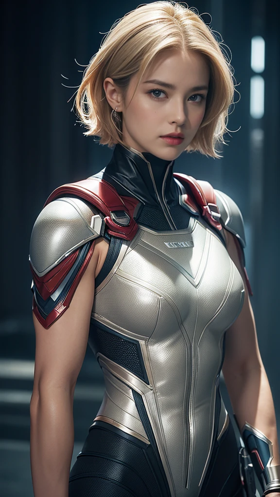 woman、Muscular、(((solo,))), Large Breasts、Look at, High resolution, masterpiece, Anatomically correct, Winner of numerous awards, detail, Ultra high definition, Textured skin, Blonde Short Hair、Tight eyes、Narrow eyes、Intimidating、marvel、Marvel Superheroes、Hero suits with black as the main color、A grand atmosphere、New Hero、