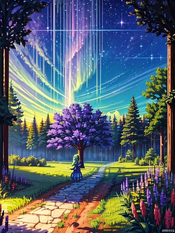 In pixel art, a beautiful sky full of ribs can be depicted as elegant, flowing auroras or wispy clouds arching across the sky. Here is a description of a pixel art scene featuring this kind of sky and an open place with a Yggdrasil tree: The sky is filled with long, flowing waves of vibrant colors, resembling ribs or auroras. These streaks shift seamlessly between hues of green, purple, and blue, dancing gracefully across the dark, star-studded night sky. The open place below the sky is a serene and mystical landscape, with rolling hills and sparse vegetation. In the middle of the scene stands a majestic pixel art Yggdrasil tree. This ancient tree has a massive, gnarled trunk and sprawling roots that appear deeply intertwined with the earth. Its vast branches stretch toward the sky, adorned with delicate pixelated leaves. The soft glow of the auroras reflects off the tree, highlighting its leaves and branches with ethereal light. The Yggdrasil tree seems almost magical in this setting, bridging the connection between the earth and the sky. Around the tree, the ground is dotted with pixelated shrubs and flowers that sway gently in the breeze. The overall scene creates a sense of wonder and tranquility, with the captivating beauty of the auroras and the majestic presence of the Yggdrasil tree as focal points.