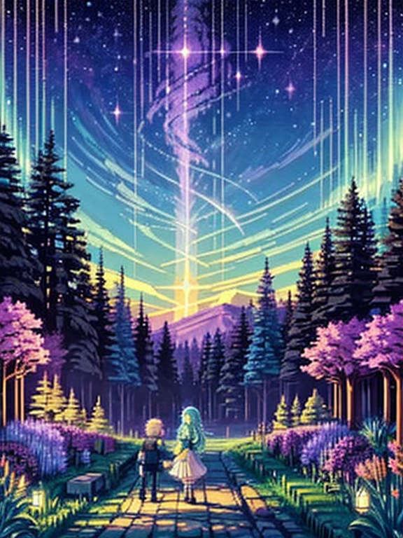 In pixel art, a beautiful sky full of ribs can be depicted as elegant, flowing auroras or wispy clouds arching across the sky. Here is a description of a pixel art scene featuring this kind of sky and an open place with a Yggdrasil tree: The sky is filled with long, flowing waves of vibrant colors, resembling ribs or auroras. These streaks shift seamlessly between hues of green, purple, and blue, dancing gracefully across the dark, star-studded night sky. The open place below the sky is a serene and mystical landscape, with rolling hills and sparse vegetation. In the middle of the scene stands a majestic pixel art Yggdrasil tree. This ancient tree has a massive, gnarled trunk and sprawling roots that appear deeply intertwined with the earth. Its vast branches stretch toward the sky, adorned with delicate pixelated leaves. The soft glow of the auroras reflects off the tree, highlighting its leaves and branches with ethereal light. The Yggdrasil tree seems almost magical in this setting, bridging the connection between the earth and the sky. Around the tree, the ground is dotted with pixelated shrubs and flowers that sway gently in the breeze. The overall scene creates a sense of wonder and tranquility, with the captivating beauty of the auroras and the majestic presence of the Yggdrasil tree as focal points.