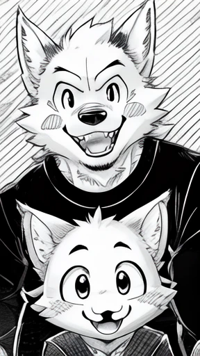 Black and white comics、Japanese Manga、(((Monochrome)))、 Conversation scene、Funny werewolf in a long-sleeved black shirt、Right in front of you、A delicious looking cartoon of meat appears、Happy Face、smile、cute、that&#39;Fun conversation about meat.