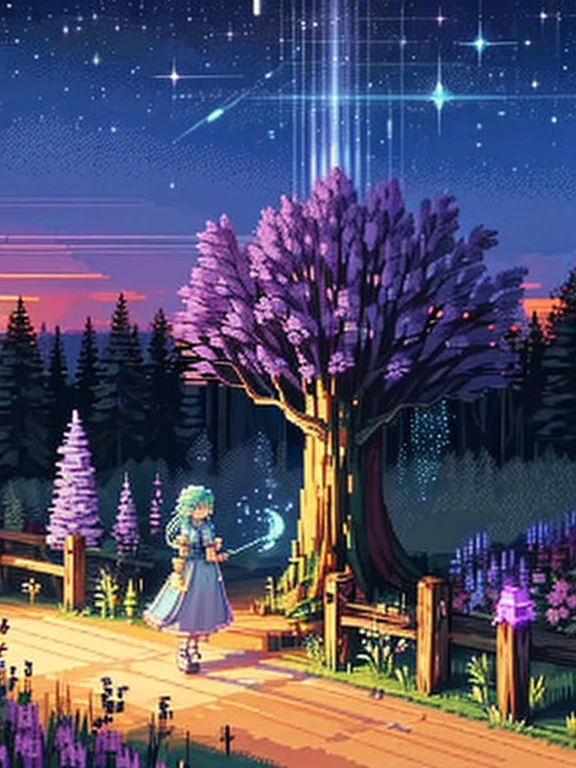 In pixel art, a beautiful sky full of ribs can be depicted as elegant, flowing auroras or wispy clouds arching across the sky. Here is a description of a pixel art scene featuring this kind of sky and an open place with a Yggdrasil tree: The sky is filled with long, flowing waves of vibrant colors, resembling ribs or auroras. These streaks shift seamlessly between hues of green, purple, and blue, dancing gracefully across the dark, star-studded night sky. The open place below the sky is a serene and mystical landscape, with rolling hills and sparse vegetation. In the middle of the scene stands a majestic pixel art Yggdrasil tree. This ancient tree has a massive, gnarled trunk and sprawling roots that appear deeply intertwined with the earth. Its vast branches stretch toward the sky, adorned with delicate pixelated leaves. The soft glow of the auroras reflects off the tree, highlighting its leaves and branches with ethereal light. The Yggdrasil tree seems almost magical in this setting, bridging the connection between the earth and the sky. Around the tree, the ground is dotted with pixelated shrubs and flowers that sway gently in the breeze. The overall scene creates a sense of wonder and tranquility, with the captivating beauty of the auroras and the majestic presence of the Yggdrasil tree as focal points.