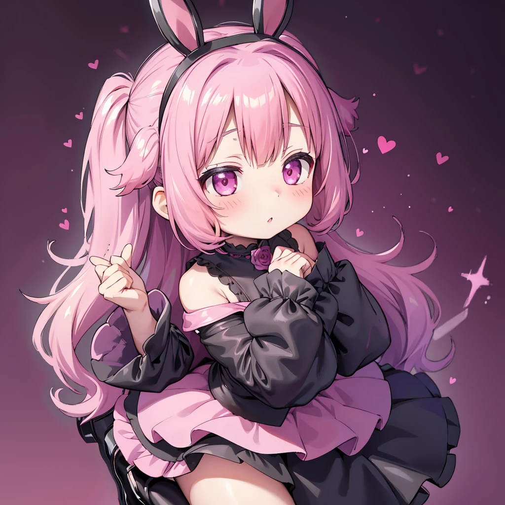 Attractive face、Chibi、Magenta Background、Black clothes、Long sleeves with flared cuffs、Shoulders are exposed、One piece flare skirt、Rabbit with stuffed toy、Black and magenta palette、Gothic Shoes、Positive、Black Rose、🌙、Perfect Anatomy、heart、