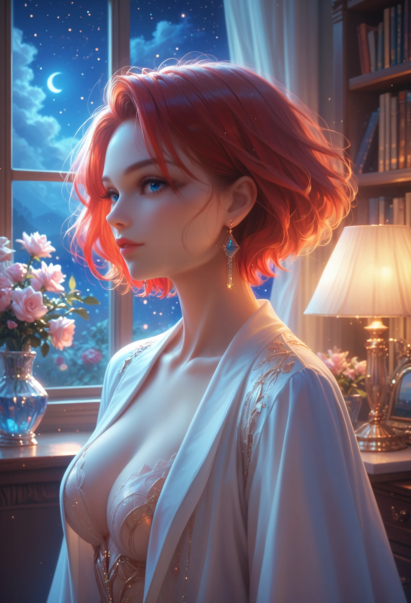 best quality, (masterpiece:1.2), illustration, absurd, (1 girl, One), (beautiful detailed girl), ((upper body, portrait)),, Neck McMillan, short hair, red hair, Blue eyes, medium breasts, earrings with blue crystal, white jacket, , chill, tranquility, looks at the viewer,, inside an elegant bedroom, Night, window, curtain, starry sky, lamp, bookshelf, Nightstand, a vase, desktop,