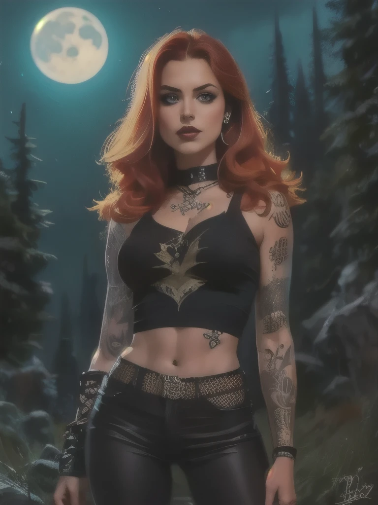 Best Quality,Masterpiece,Ultra High Resolution,(Realisticity:1.4),Original Photo,Cinematic Lighting, 1girl, solo, Metalhead Style ((ginger girl)) at night under the moonlight, wearing ripped black pants, black clothes, Gothic style, fit Hot body, (tattooed arm) , heavy metal style, photography, heavy metal concert background . realistic, datailed, detailed face, 4K.