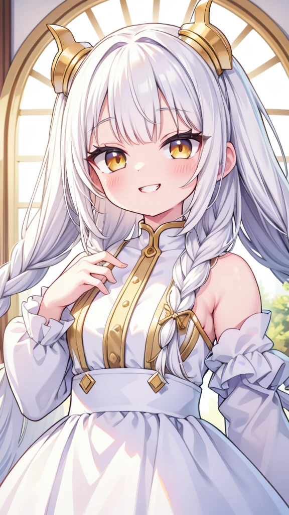 Genshin Impact Character, Rayla, Leans Casually Against the antiquated Tavern Table,
Shimmering Lumine Attire,
Long Silver Hair tied elegantly with a lavender ribbon,
Rays of Sunlight Pierce through her Hair, Highlighting her Tender Features,
A Cat Ear Headband adorns her Head, sporting a loved and worn out appearance,
Green irises and Pupils Shining Brightly against her Dark Complexion,
Her Left Hand Resting on the Table, Finger Tipped in a Peace Sign,
A silver Collei's Pendent dangling gracefully around her neck,
Her Right Arm Support