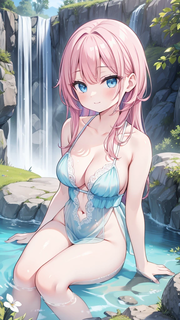 anime, 1 girl, blue eyes, , cute face, long hair, naked, 4K, high definition ultra, pink hair, smile, whole body, fountain and beautiful flowers, NSFW