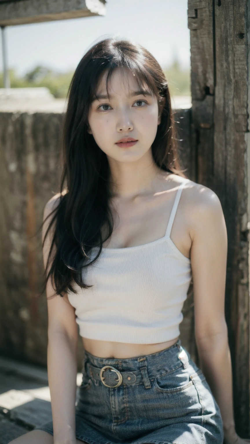 1girl, woman, masterpiece, best quality, highest quality, cinematic lighting, (volumetric lighting), extremely detailed CG unity 8k wallpaper, focused, 8k wallpaper, extremely detailed, ultra realistic, photorealistic, sharp focus, absurdres, (HDR:1.2), (high contrast), photograph, detailed and intricate, instagram, portrait, highly detailed, digital painting, artstation, concept art, smooth, sharp focus, illustration, cinematic lighting, (natural huge breast), eyes looking at the viewer, ((medium shoulder)), (skinny legs), (slender body), (height 163cm), (HQ skin:1.4), (knit strap tank top, short skirt), (show thighs), ((long hair)), hips shot, hip level shot, medium shot.