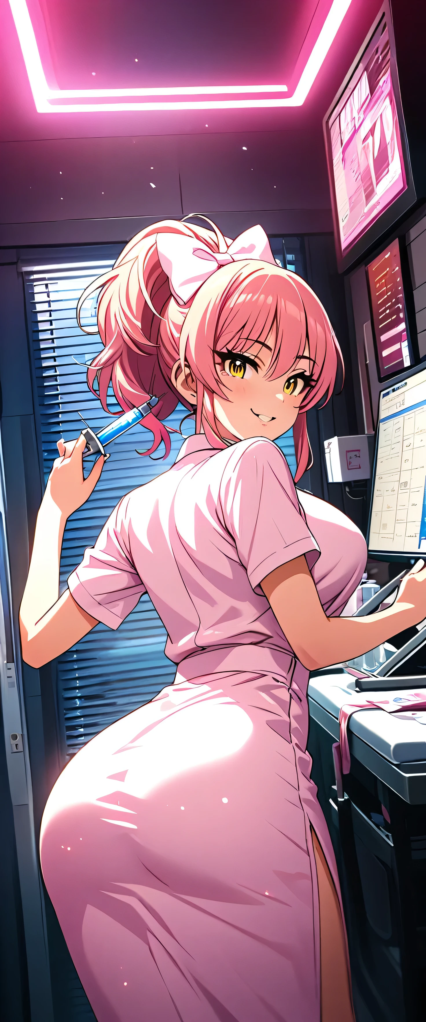 (beautiful girl: 1.3),One girl,masterpiece,Please redeem,Ultra-high resolution,Rich contrast,Very high quality,8k,Highly detailed CG unit wallpaper,Texture,So ridiculous,RAW Photos,Please redeem anime,Depth of written boundary 1.2,ultra-detailed eyes,Glowing Skin,Glitter Effect,Beautiful glossy lips,(pink hair, yellow eyes),Nurse uniform,Nurse working in hospital,syringe,Great smile,white Nurse uniform,Large Breasts,Big round ass,(Rear View:1.5),mika jougasaki,hair bow,