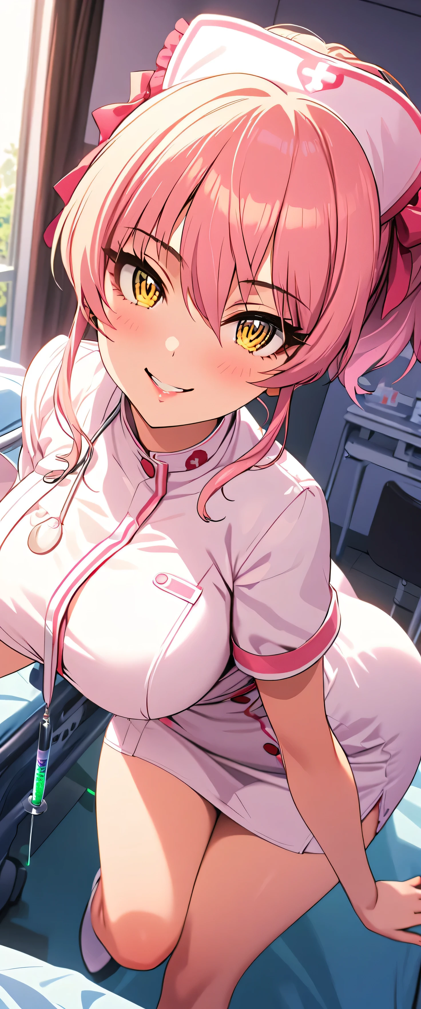 (beautiful girl: 1.3),One girl,masterpiece,Please redeem,Ultra-high resolution,Rich contrast,Very high quality,8k,Highly detailed CG unit wallpaper,Texture,So ridiculous,RAW Photos,Please redeem anime,Depth of written boundary 1.2,ultra-detailed eyes,Glowing Skin,Glitter Effect,Beautiful glossy lips,(pink hair, yellow eyes),Nurse uniform,Nurse working in hospital,syringe,Great smile,white Nurse uniform,Large Breasts,Big round ass,(Rear View:1.5),mika jougasaki,hair bow,