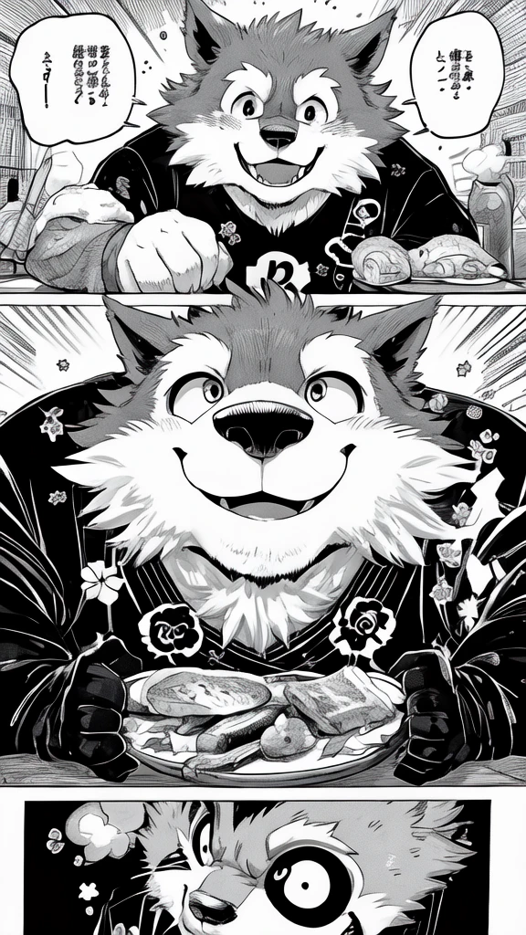 Black and white comics、Japanese Manga、(((Monochrome)))、 Conversation scene、Funny werewolf in a long-sleeved black shirt、Right in front of you、A delicious looking cartoon of meat appears、Happy Face、smile、cute、that&#39;Fun conversation about meat.