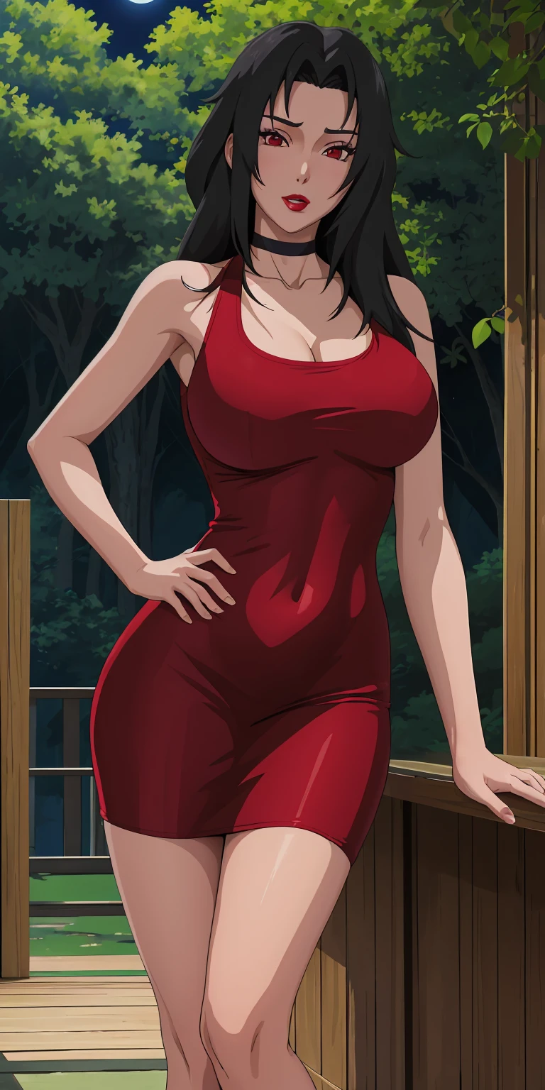 masterpiece, best quality, extremely detail 8k cg, high resolution, 1girl, mature female, RedTankTop_KurenaiYuhi_ownwaifu, 1girl, black hair, long hair, lipstick, makeup, red eyes, red lips, medium breasts, lips, cleavage, red dress, short dress, collarbone, tank top, bare shoulders, choker, collarbone, titsonastick, beautiful face, night time, konohavillage, outdoors, forest