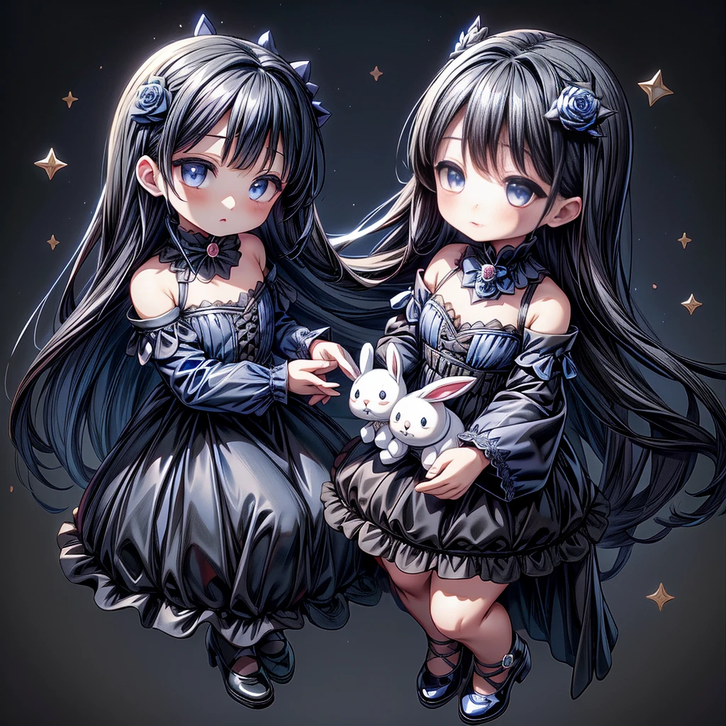 Attractive face、Chibi、royal blue background、Black clothes、Long sleeves with flared cuffs、Shoulders are exposed、One piece flare skirt、Rabbit with stuffed toy、Black and royal blue palette、Gothic Shoes、Positive、Black Rose、🌙、Perfect Anatomy、heart、🌸🌸、Floral ornaments、