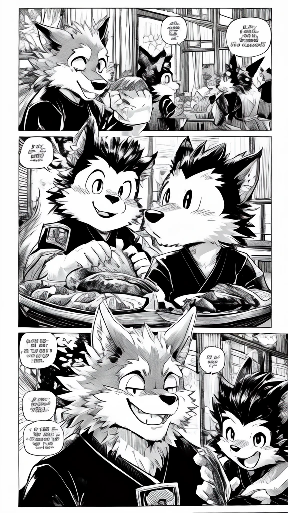 Black and white comics、Japanese Manga、(((Monochrome)))、 Conversation scene、Funny werewolf in a long-sleeved black shirt、Right in front of you、A delicious looking cartoon of meat appears、Happy Face、smile、cute、that&#39;Fun conversation about meat.