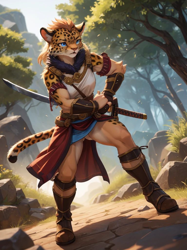 Beastman adventure fantasy, battle scene , female leopard, warrior, slim , (muscular:0.8) , Demonstration , Low center of gravity , (motion blur) , Stomp your feet , battoujutsu , sword swallowing position
, ( soft focus , Shallow focus , soft light) , Mature , Euphoria , glossy lips , moist eyes , coquettish , bold action , flasher , Insane , fabulous , sensational , funny face , dry-hump , looking away , (Heart pounding:0.5)