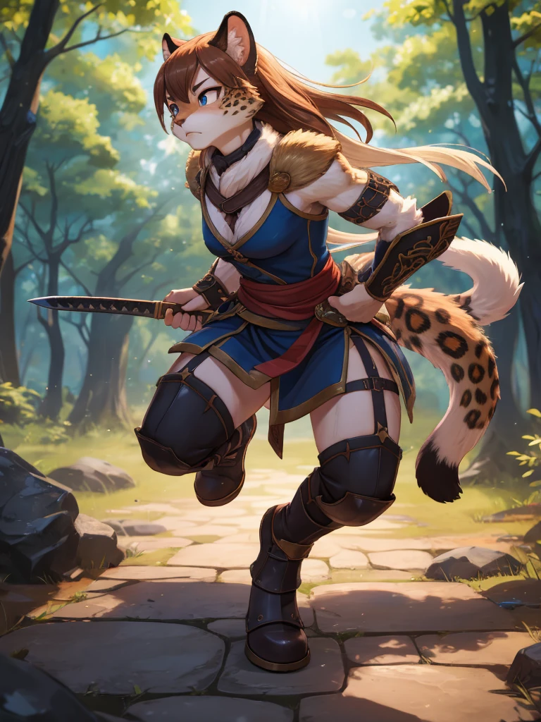 Beastman adventure fantasy, battle scene , female leopard, warrior, slim , (muscular:0.8) , Demonstration , Low center of gravity , (motion blur) , Stomp your feet , battoujutsu , sword swallowing position
, ( soft focus , Shallow focus , soft light) , Mature , Euphoria , glossy lips , moist eyes , coquettish , bold action , flasher , Insane , fabulous , sensational , funny face , dry-hump , looking away , (Heart pounding:0.5)