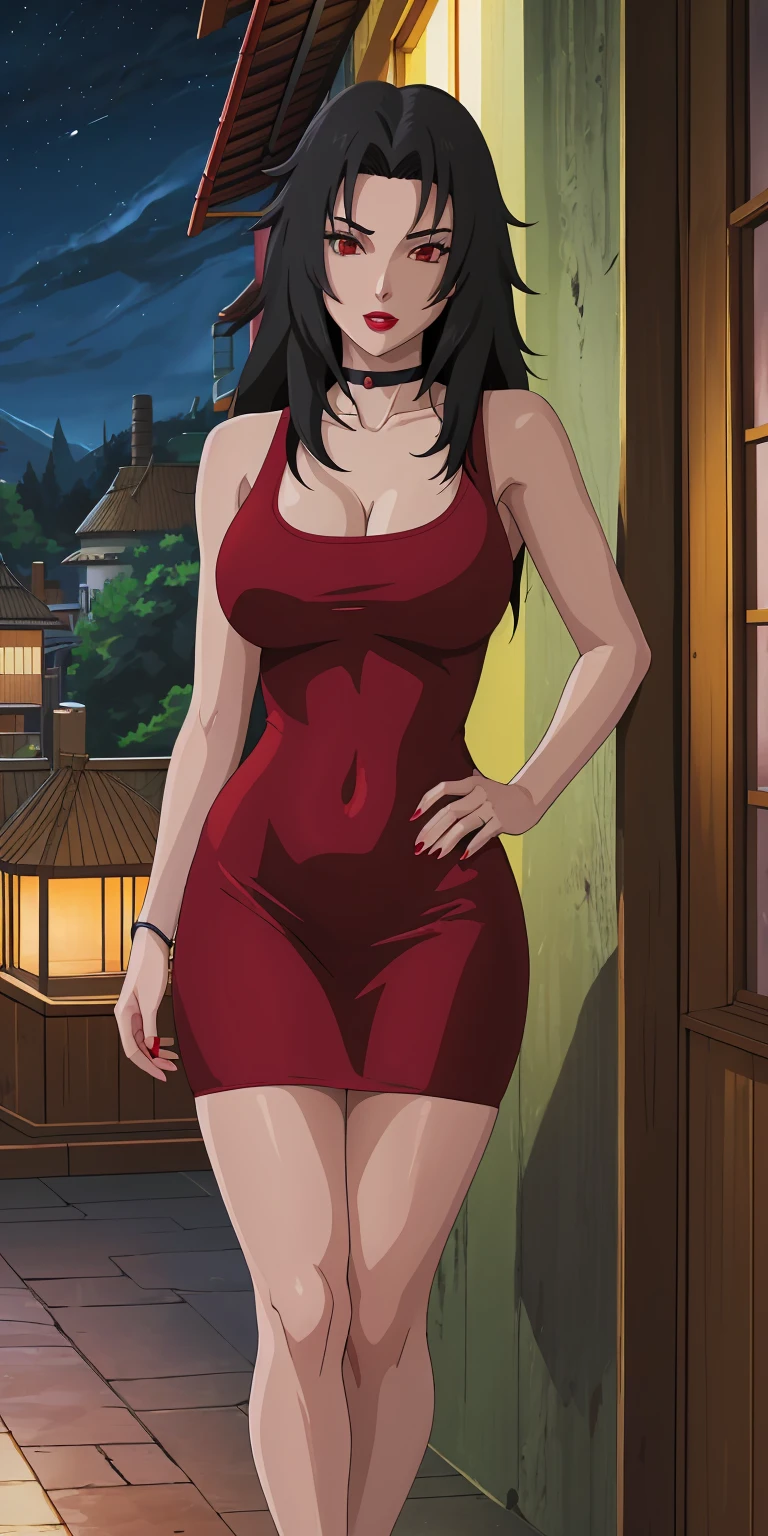 masterpiece, best quality, extremely detail 8k cg, high resolution, 1girl, mature female, RedTankTop_KurenaiYuhi_ownwaifu, 1girl, black hair, long hair, lipstick, makeup, red eyes, red lips, medium breasts, lips, cleavage, red dress, short dress, collarbone, tank top, bare shoulders, choker, collarbone, titsonastick, beautiful face, night time, konohavillage, outdoors